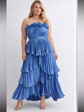 AMUR Janey Strapless Tiered Pleated Midi Dress in Blue Size 14